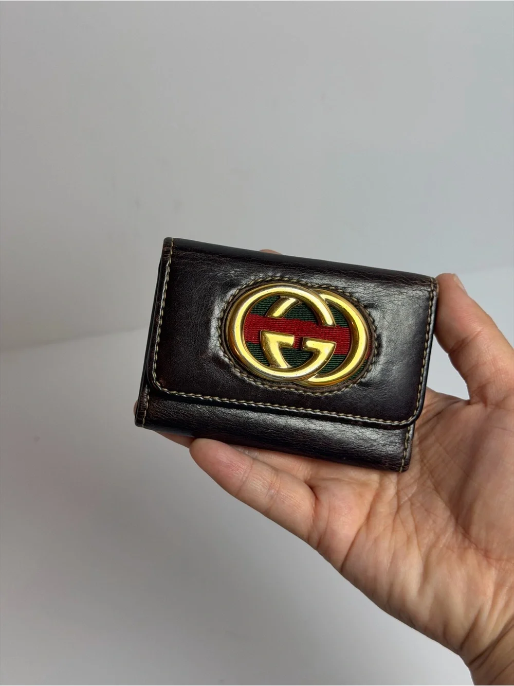 Gucci Vintage Interlocking GG Web Stripe Brown Leather Key Holder Case